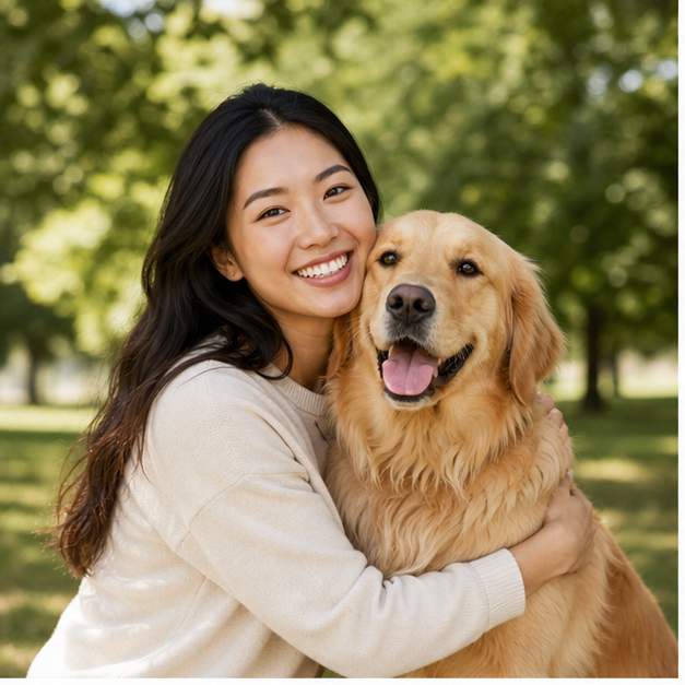 Pet parent and dog outdoors
